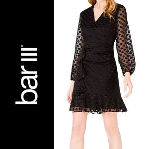 NWT Bar III Ruffled A-Line Polka Dot Dress Long Sleeve Black Size 6